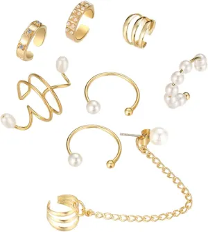 LIFKOME 8pcs Pearl Ear Cuffs Non Piercing Earrings Clip Ons for Women Men Fashion Chic Ear Jewelry Set