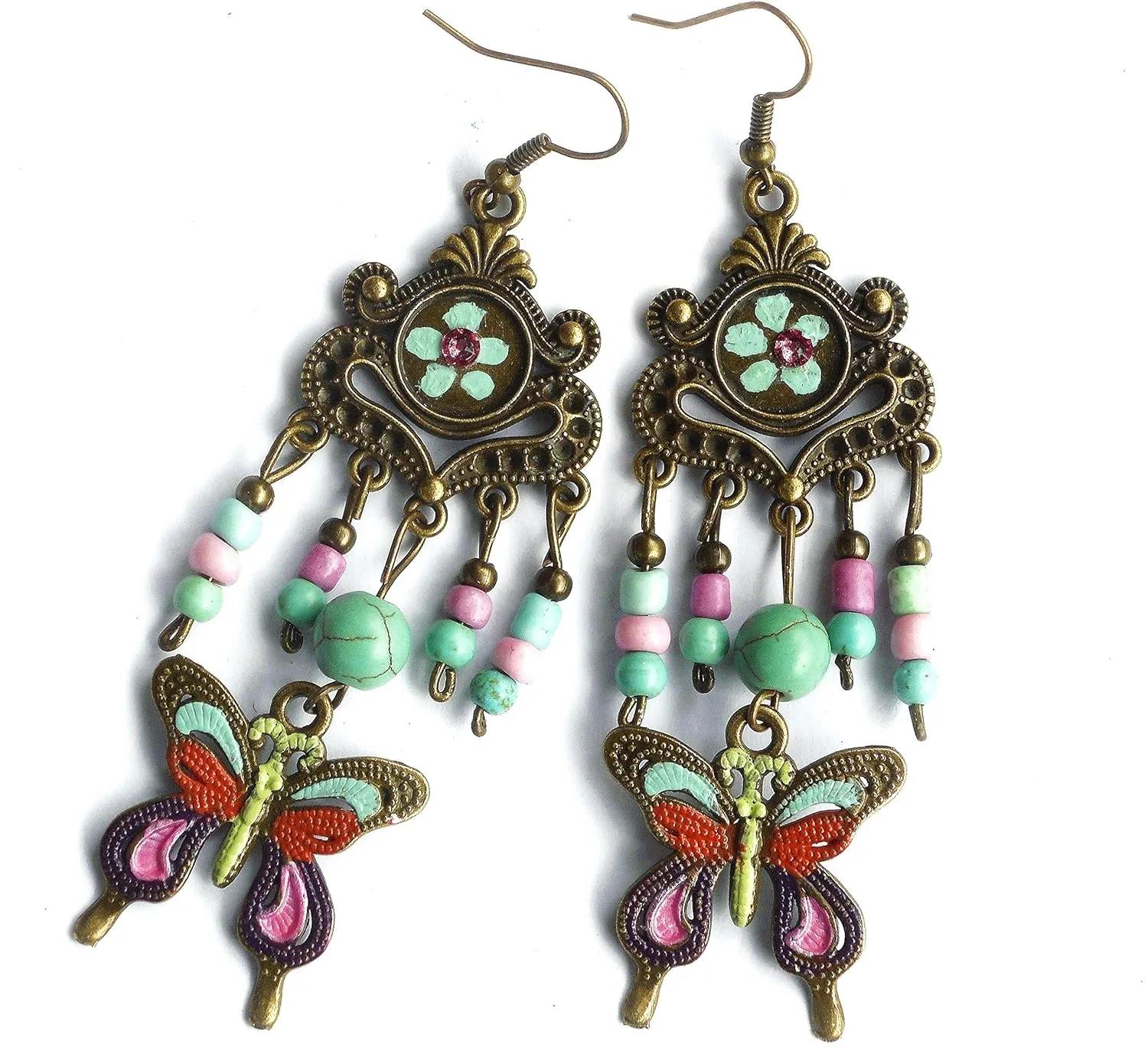 Lightweight Long Colorful Hand Painted Flowers Butterfly Boho Dangle Earrings Bohemian Jewelry for Women Teen Girls