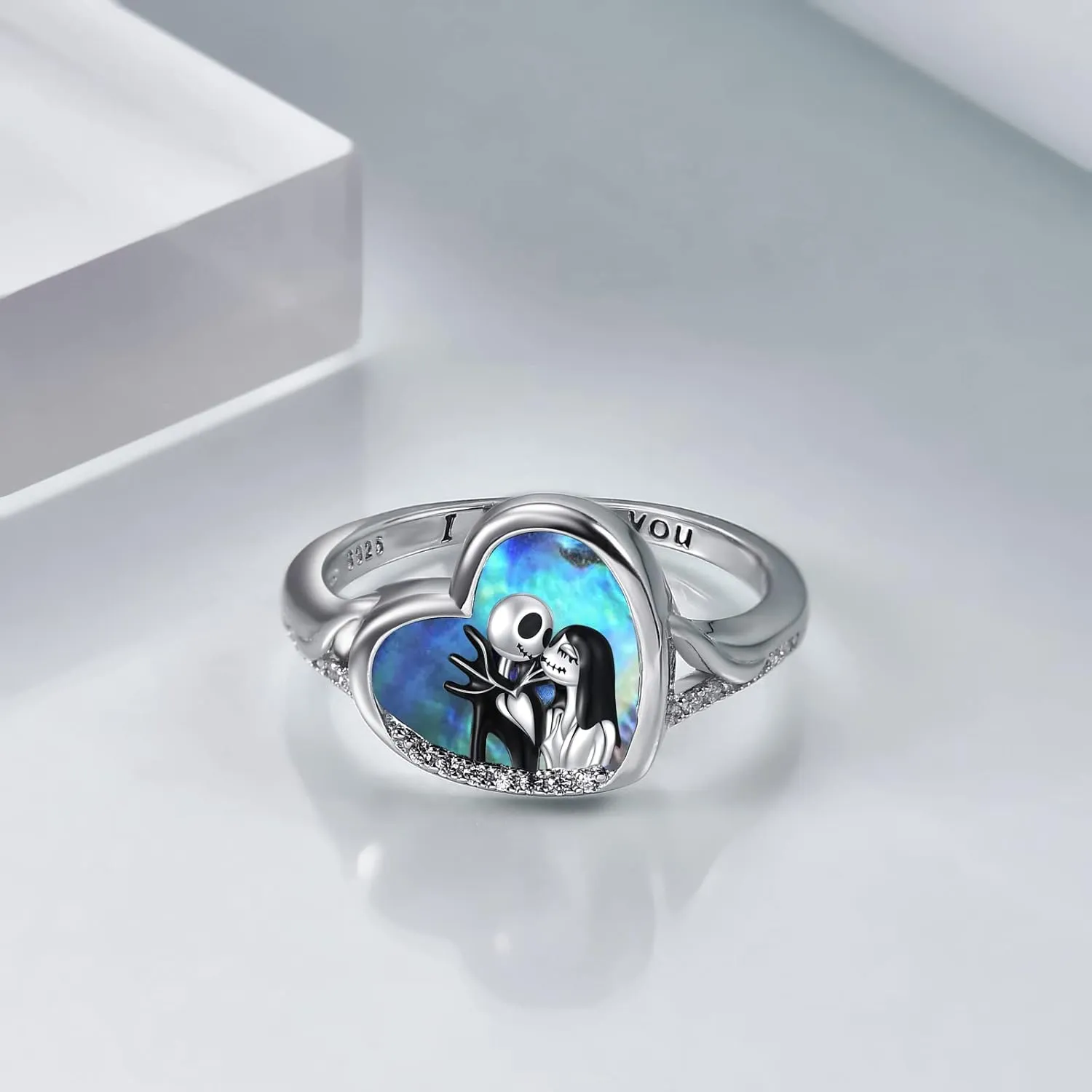 LILALO Nightmare Rings Sterling Silver Abalone Shell Jack and Sally Rings Skull Jewelry
