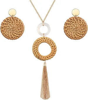 Long Necklace and Rattan Earrings Set for Women Handmade Long Tassel Rattan Necklace Wicker Earring Lightweight Weave Statement Jewelry (Brown)