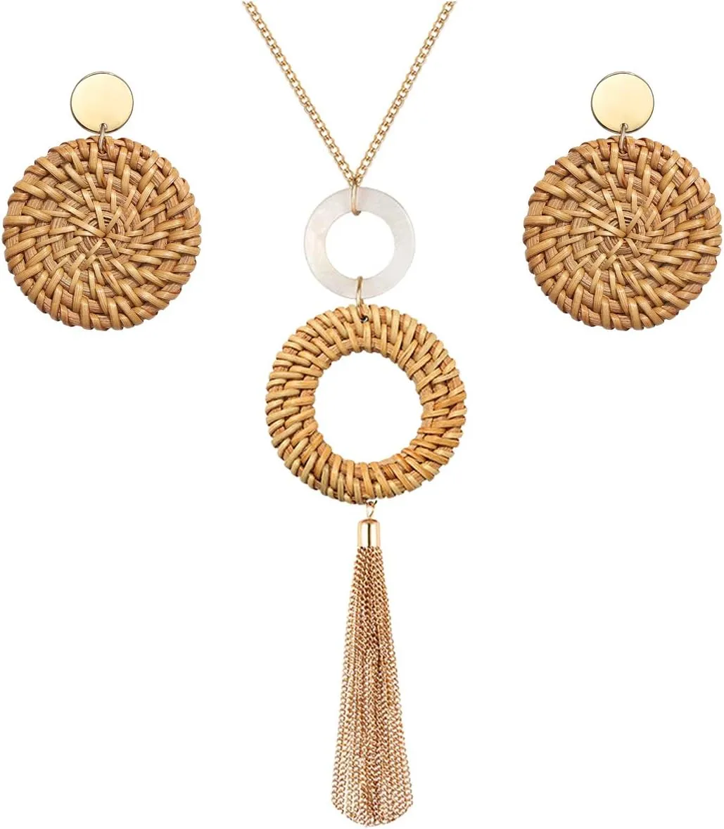 Long Necklace and Rattan Earrings Set for Women Handmade Long Tassel Rattan Necklace Wicker Earring Lightweight Weave Statement Jewelry (Brown)