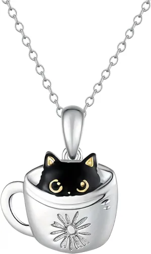 Lovely Black Cat Necklace for Girls,Girls Cup Cat Pendant Necklaces,For Girl Jewelry Gift For Girls Daughter Granddaughter Niece Christmas Gift Girl Birthday Gift over 3 years old., SILVER