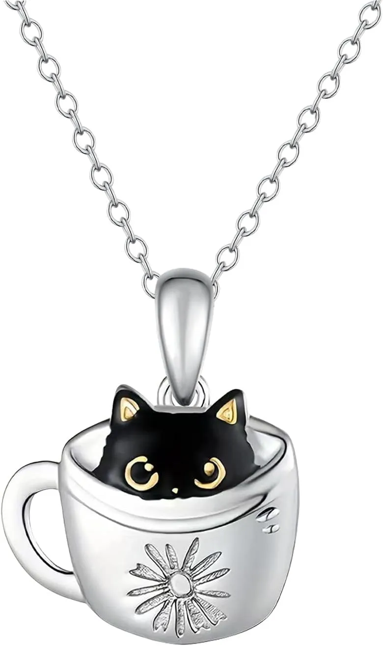 Lovely Black Cat Necklace for Girls,Girls Cup Cat Pendant Necklaces,For Girl Jewelry Gift For Girls Daughter Granddaughter Niece Christmas Gift Girl Birthday Gift over 3 years old., SILVER