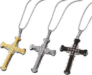 Male Crystal Cross Jesus Pendant Gold/Black/Blue Color Zirconia Necklace Stainless Steel Jewelry