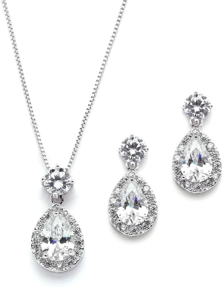 Mariell Pear Shaped CZ Teardrop Necklace and Earrings Set - Wedding Jewelry for Brides & Bridesmaids