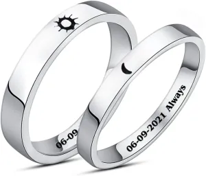 Matching Rings for Couples Sun and Moon Rings Personalized Heart Promise Couple Ring Customized Engagement Wedding Ring Band Sets for Him and Her Sterling Silver High Polished Comfort Fit