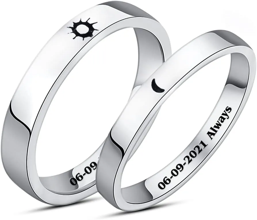 Matching Rings for Couples Sun and Moon Rings Personalized Heart Promise Couple Ring Customized Engagement Wedding Ring Band Sets for Him and Her Sterling Silver High Polished Comfort Fit