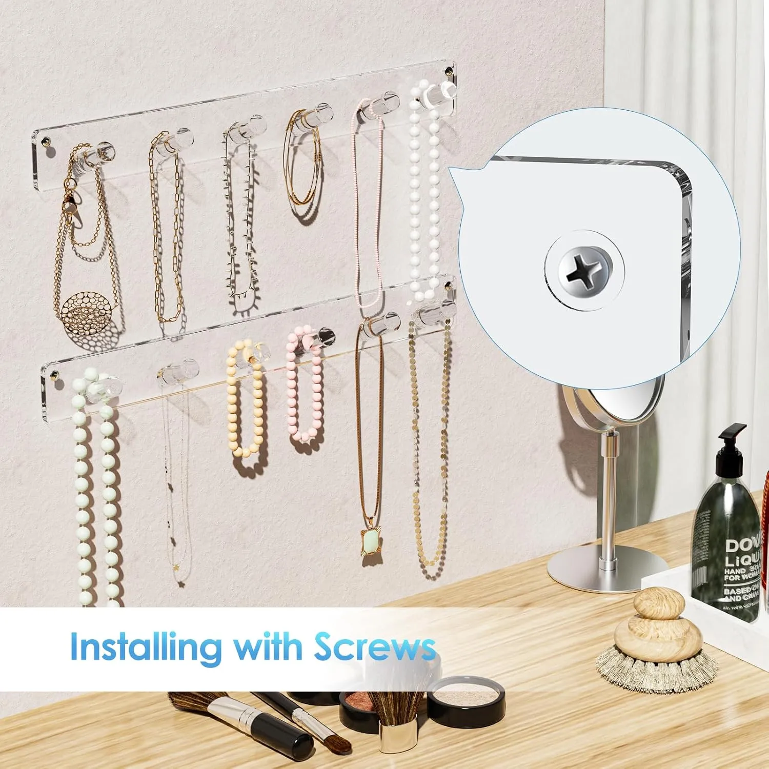 MaxGear Acrylic Necklace Holder 4 Pack, Wall Mounted Jewelry Organizer for Necklaces, Bracelets, Rings, and Bangles Display Rack, Hanging Jewelry Hooks for Women & Girls