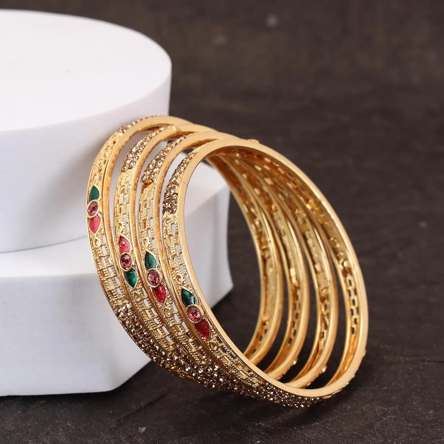 Meenakshi imitation Handmade Gold Plated Rajasthani Micro Minakari With Stone Bangles Set of 4 Designer Indian Women's Ethnic Jewelry Bangle Bracelets