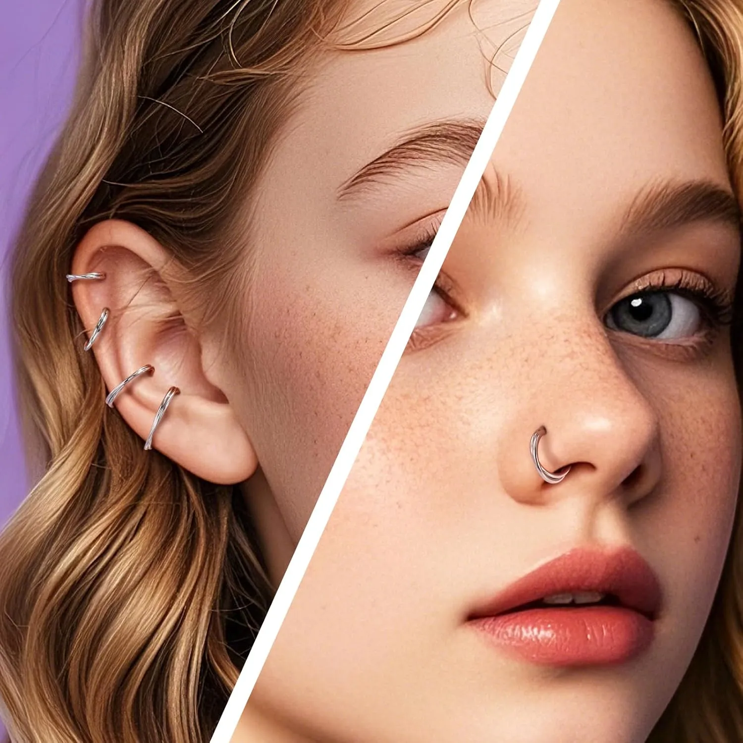 Melighting 20G/18G Double Nose Ring Hoop 316L Surgical Steel Hinged Segment Clicker Cartilage Helix Daith Tragus Rook Conch Earring Lip Ring Piercing Jewelry 6mm 8mm 10mm 12mm