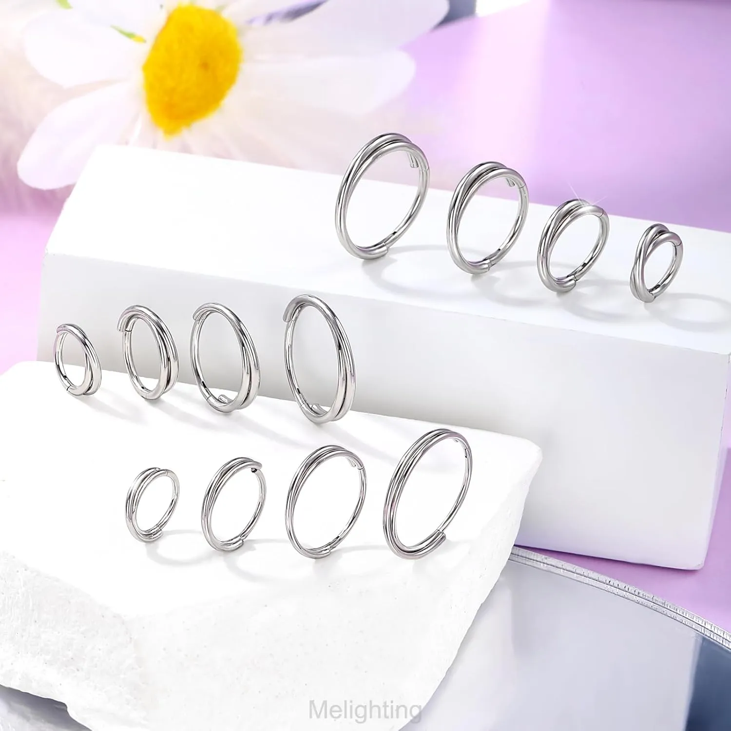 Melighting 20G/18G Double Nose Ring Hoop 316L Surgical Steel Hinged Segment Clicker Cartilage Helix Daith Tragus Rook Conch Earring Lip Ring Piercing Jewelry 6mm 8mm 10mm 12mm