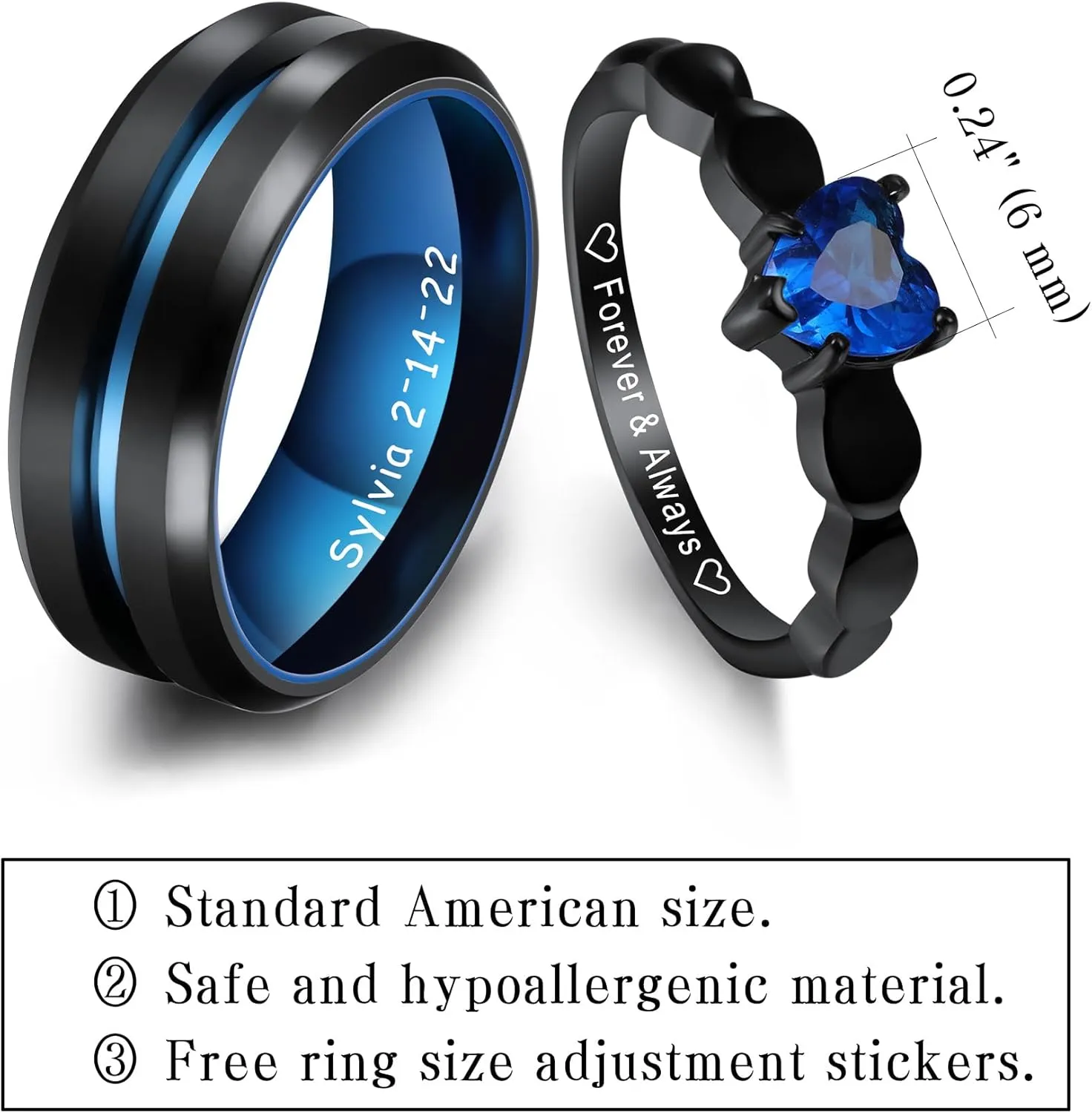 MeMeDIY Personalized Stainless Steel Couples Rings Set, Engraved Names Promise Rings with Heart Gemstone, Gift Bag Included