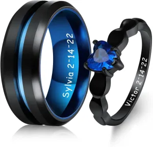 MeMeDIY Personalized Stainless Steel Couples Rings Set, Engraved Names Promise Rings with Heart Gemstone, Gift Bag Included