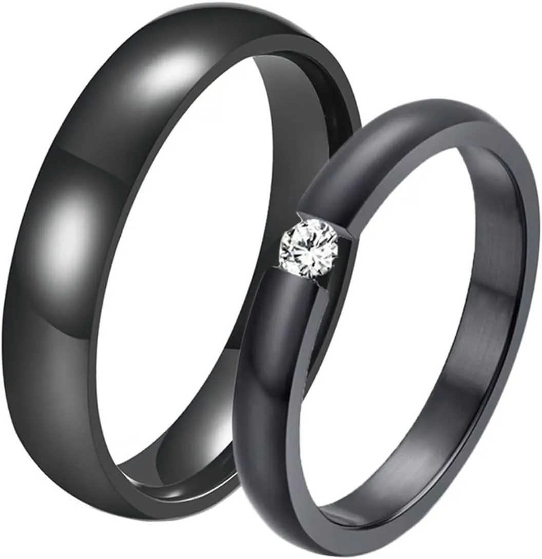 Men and Women Promise Rings Set, Stainless Steel Engagement Rings for Couples Comfort fit 4MM Polished Round and Cubic Zirconia Black Ring Set