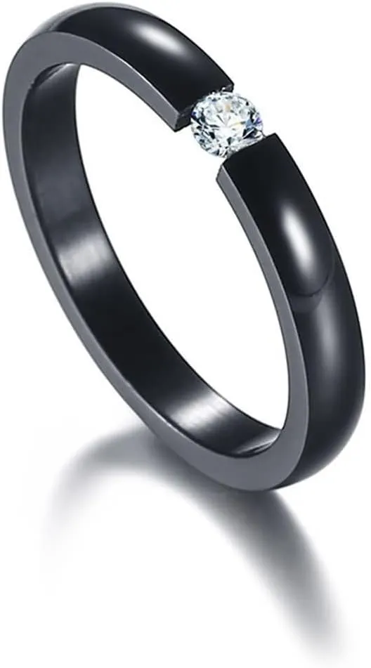 Men and Women Promise Rings Set, Stainless Steel Engagement Rings for Couples Comfort fit 4MM Polished Round and Cubic Zirconia Black Ring Set