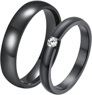 Men and Women Promise Rings Set, Stainless Steel Engagement Rings for Couples Comfort fit 4MM Polished Round and Cubic Zirconia Black Ring Set