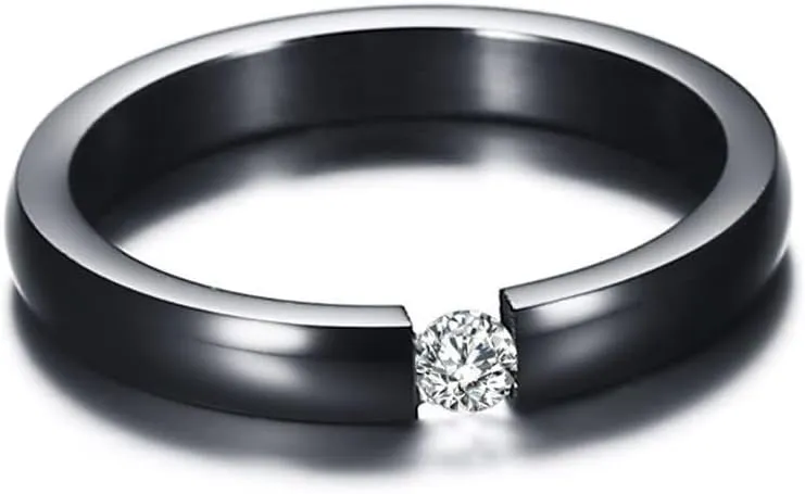 Men and Women Promise Rings Set, Stainless Steel Engagement Rings for Couples Comfort fit 4MM Polished Round and Cubic Zirconia Black Ring Set