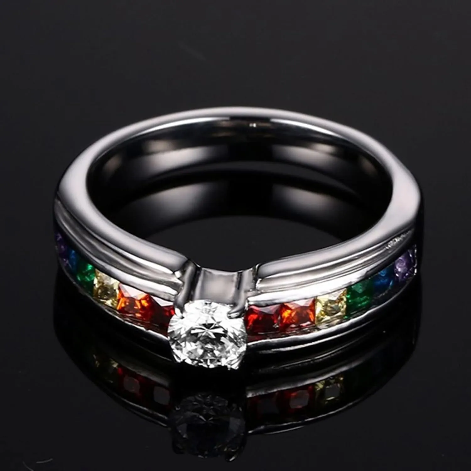 Men and Women Rings Wedding, Stainless Steel Promise Rings for Couples Polished 4/8MM Round Rainbow Cubic Zirconia LGBT Silver Ring Set