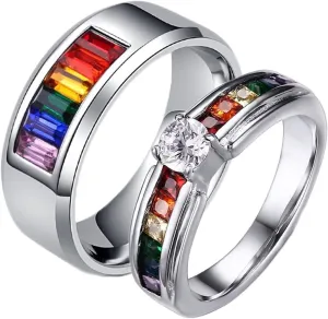 Men and Women Rings Wedding, Stainless Steel Promise Rings for Couples Polished 4/8MM Round Rainbow Cubic Zirconia LGBT Silver Ring Set