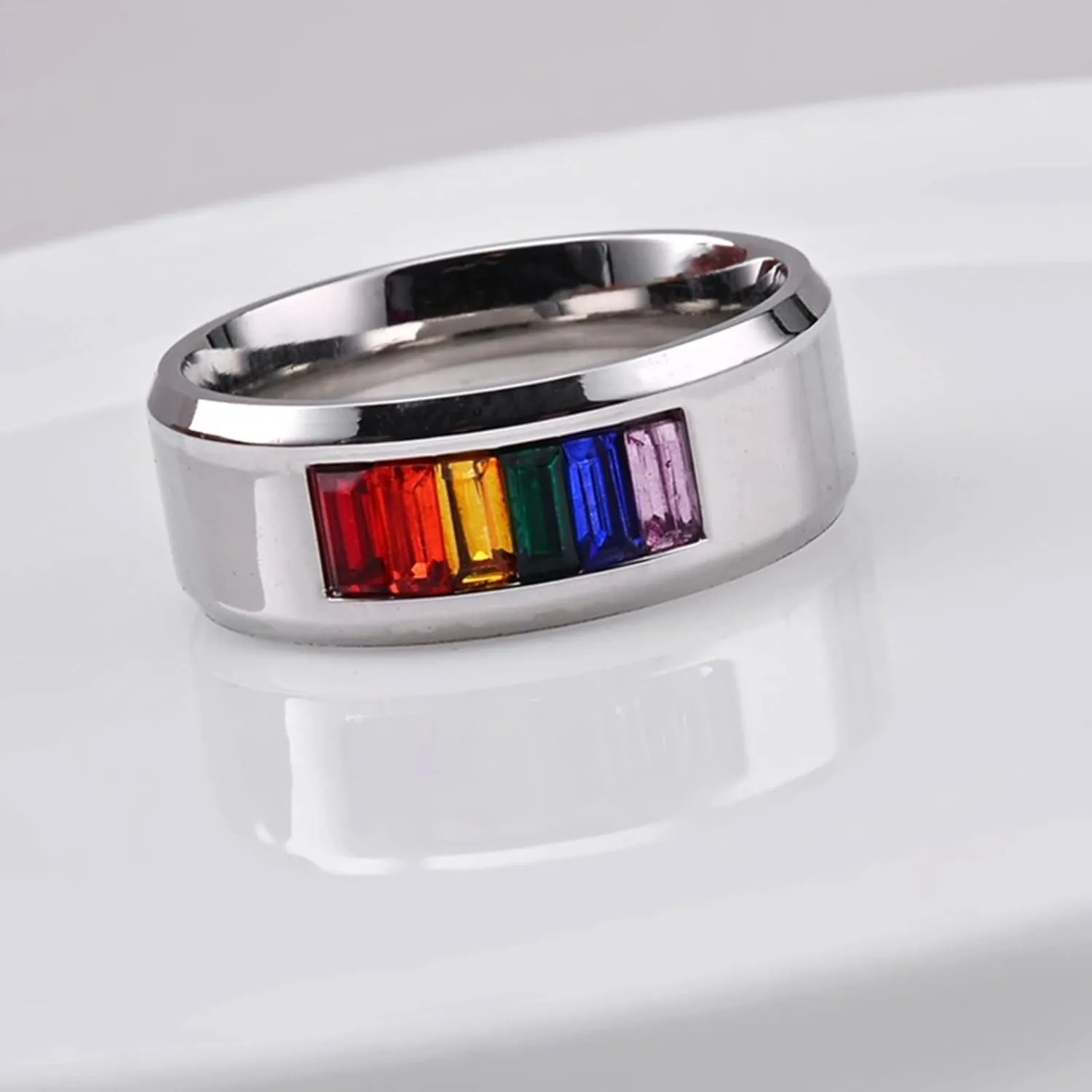 Men and Women Rings Wedding, Stainless Steel Promise Rings for Couples Polished 4/8MM Round Rainbow Cubic Zirconia LGBT Silver Ring Set