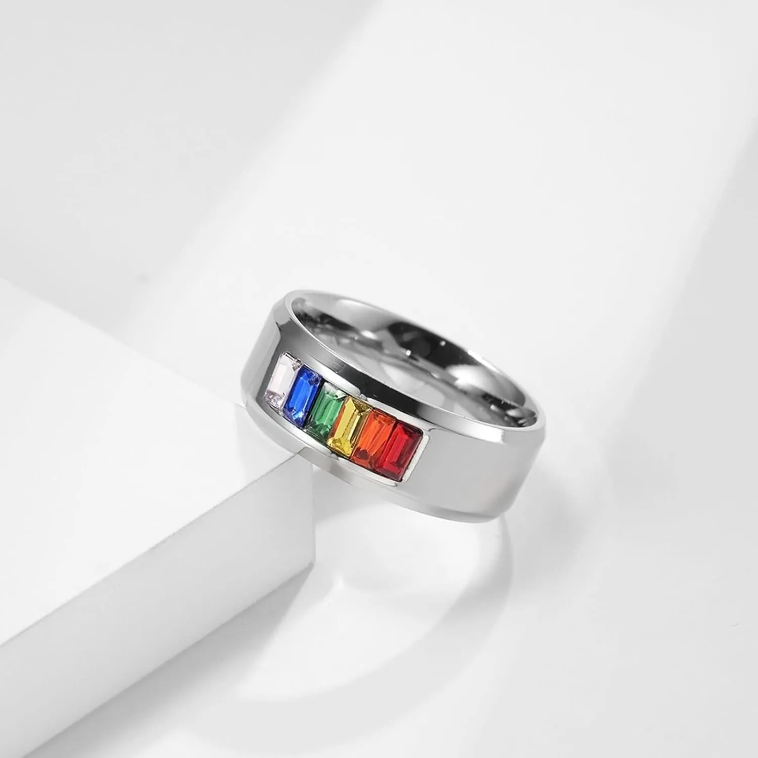 Men and Women Rings Wedding, Stainless Steel Promise Rings for Couples Polished 4/8MM Round Rainbow Cubic Zirconia LGBT Silver Ring Set