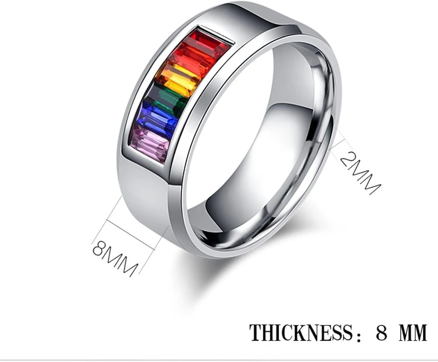 Men and Women Rings Wedding, Stainless Steel Promise Rings for Couples Polished 4/8MM Round Rainbow Cubic Zirconia LGBT Silver Ring Set