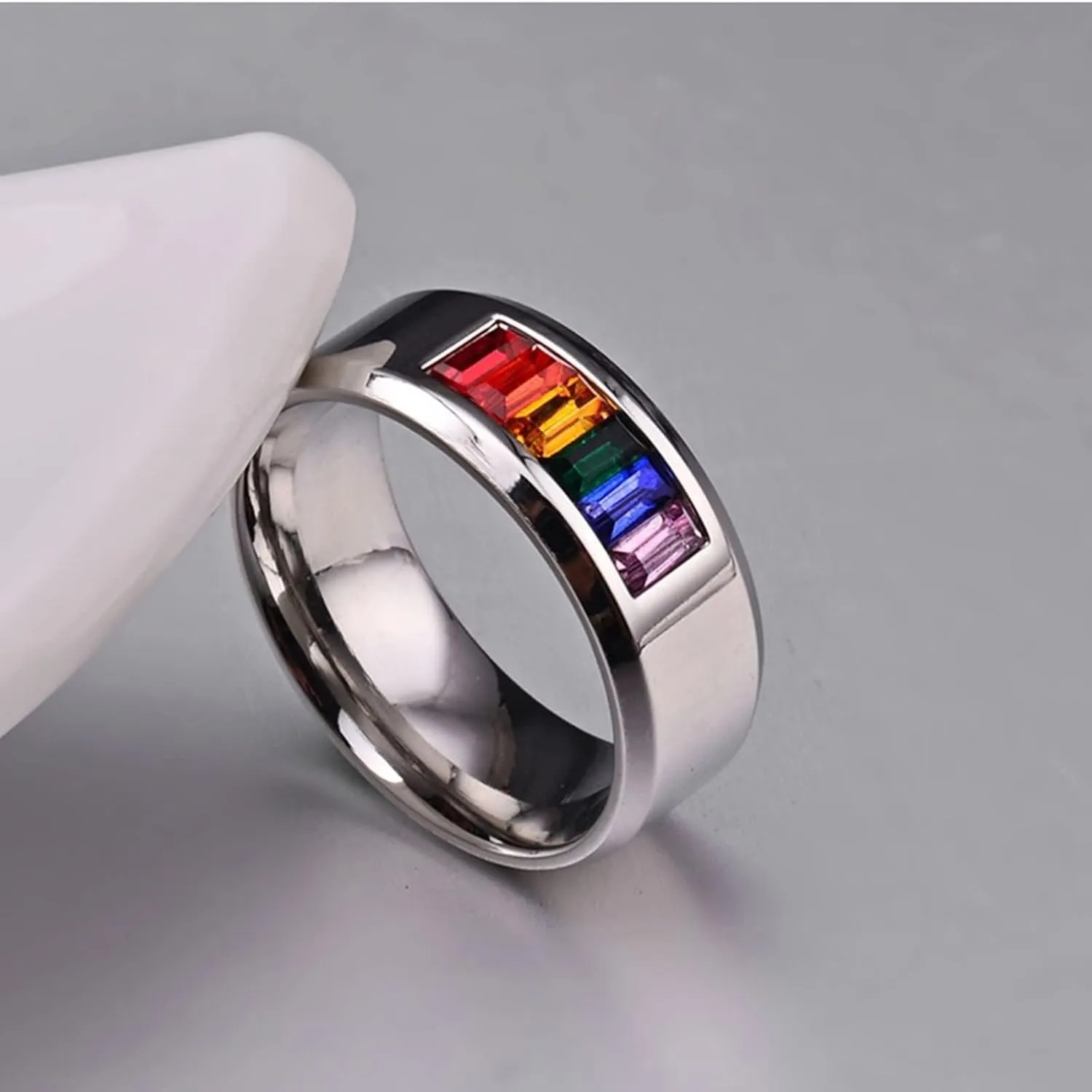 Men and Women Rings Wedding, Stainless Steel Promise Rings for Couples Polished 4/8MM Round Rainbow Cubic Zirconia LGBT Silver Ring Set