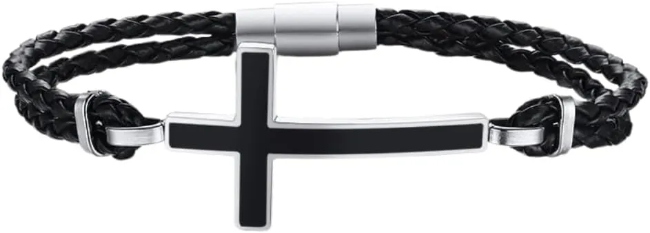 Men Casual Sideways Cross Charm Black Braided Leather Rope Bracelets Bangles Male Prayer Gifts Jewelry, Length 8.25 inch(21cm)