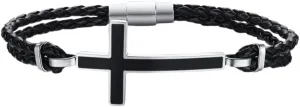 Men Casual Sideways Cross Charm Black Braided Leather Rope Bracelets Bangles Male Prayer Gifts Jewelry, Length 8.25 inch(21cm)