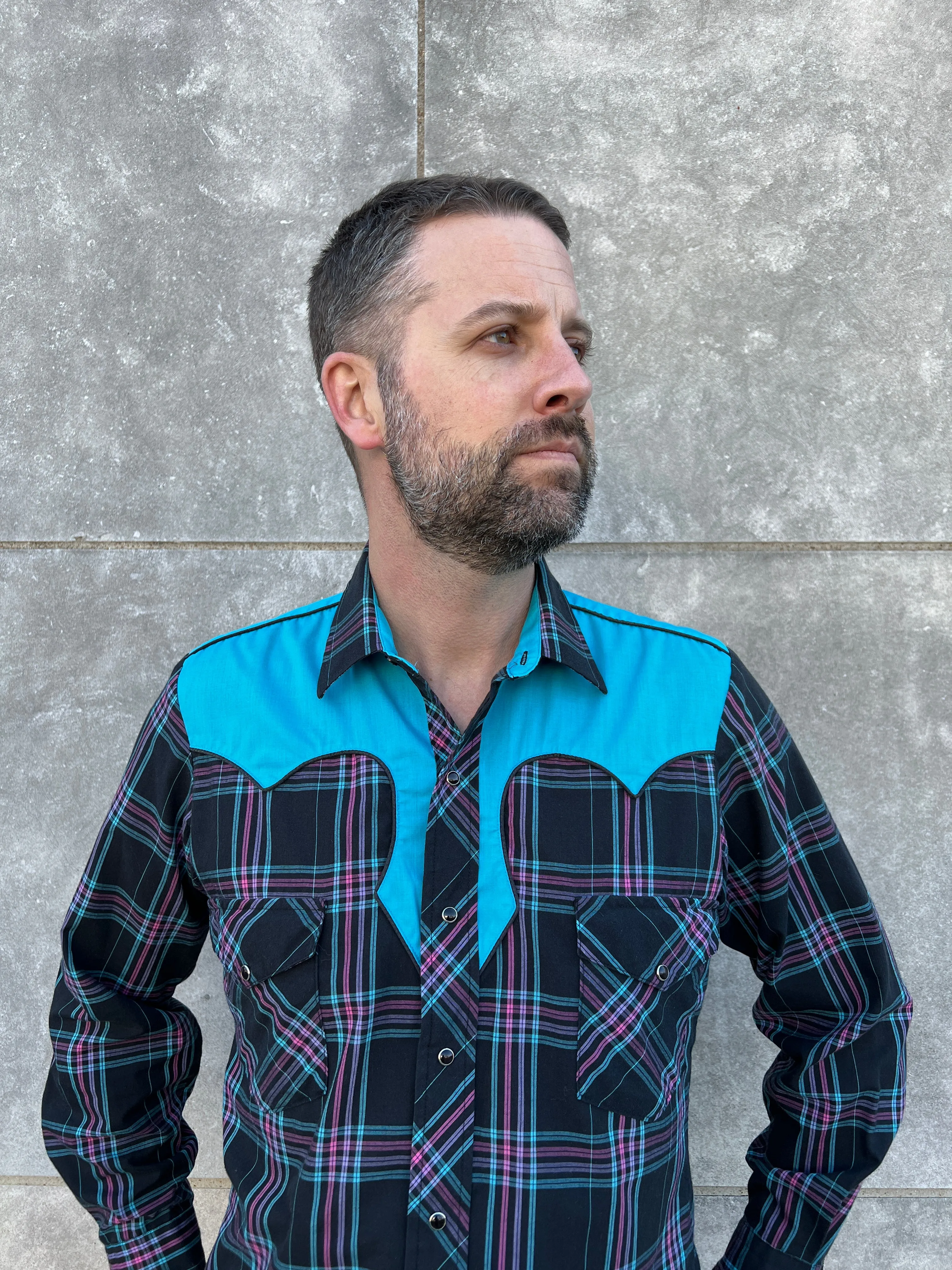 Mens 80s Black Pink Plaid Long Sleeve Western Snap Shirt, Kenny Rogers