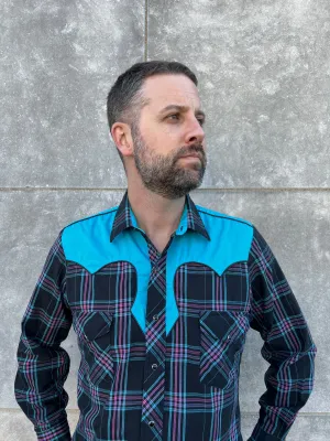 Mens 80s Black Pink Plaid Long Sleeve Western Snap Shirt, Kenny Rogers