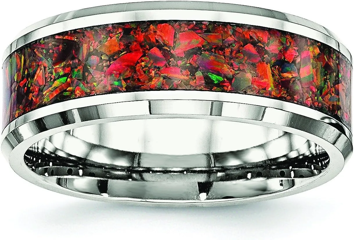 Mens Stainless Steel Polished with Red Imitation Opal 8mm Men's Wedding Band Ring