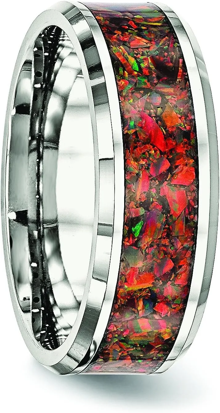 Mens Stainless Steel Polished with Red Imitation Opal 8mm Men's Wedding Band Ring