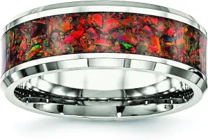 Mens Stainless Steel Polished with Red Imitation Opal 8mm Men's Wedding Band Ring