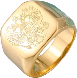 Men's Stainless Steel Vintage Knight Russian Double Eagle Signet Ring Square High Polished Men's Stainless Steel Vintage Knight Russian Double Eagle Signet Ring Square High Polished