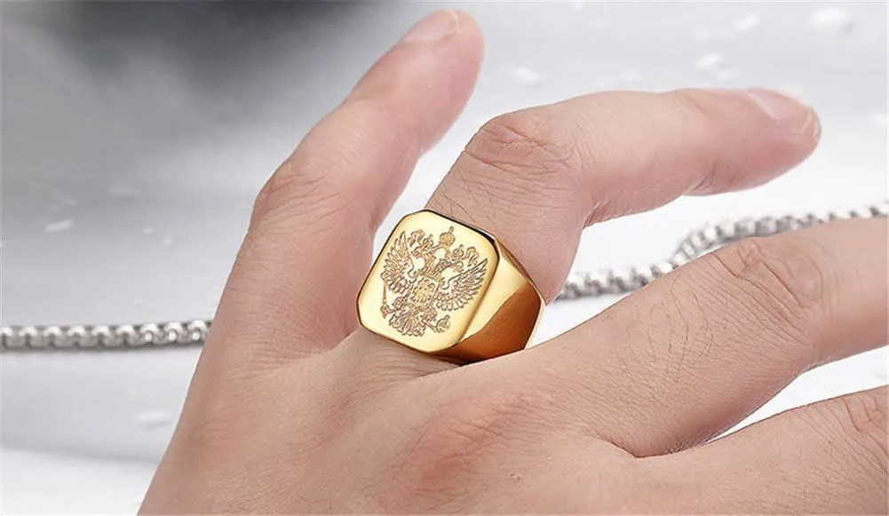 Men's Stainless Steel Vintage Knight Russian Double Eagle Signet Ring Square High Polished