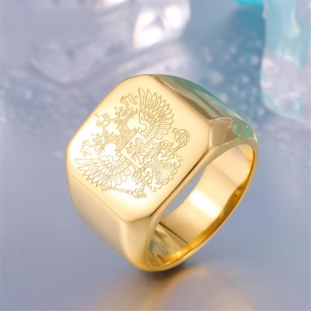Men's Stainless Steel Vintage Knight Russian Double Eagle Signet Ring Square High Polished