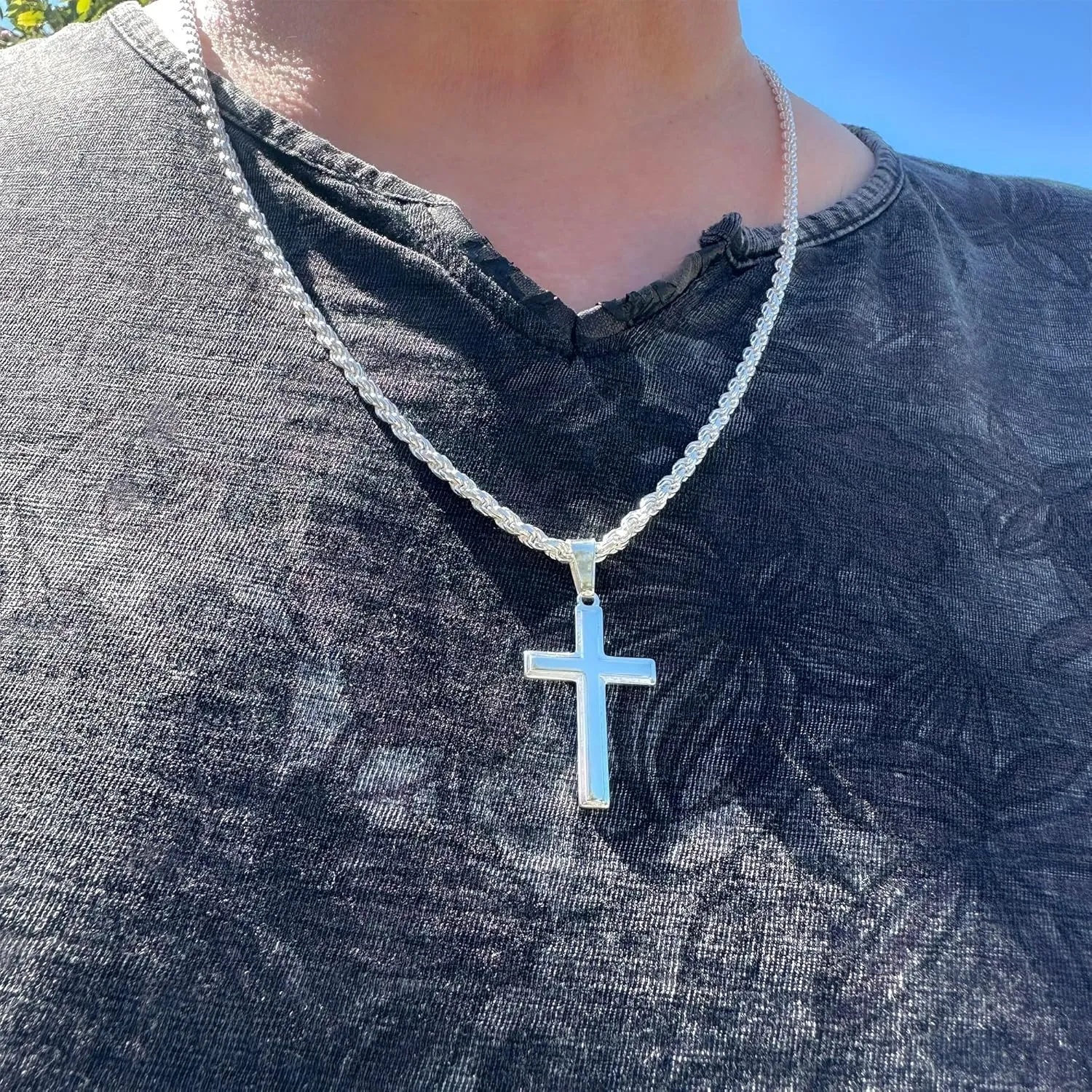 Mens Sterling Silver Cross Necklace with Rope Chain and Meaningful Keepsake Card - Ready To Give Gift In Box