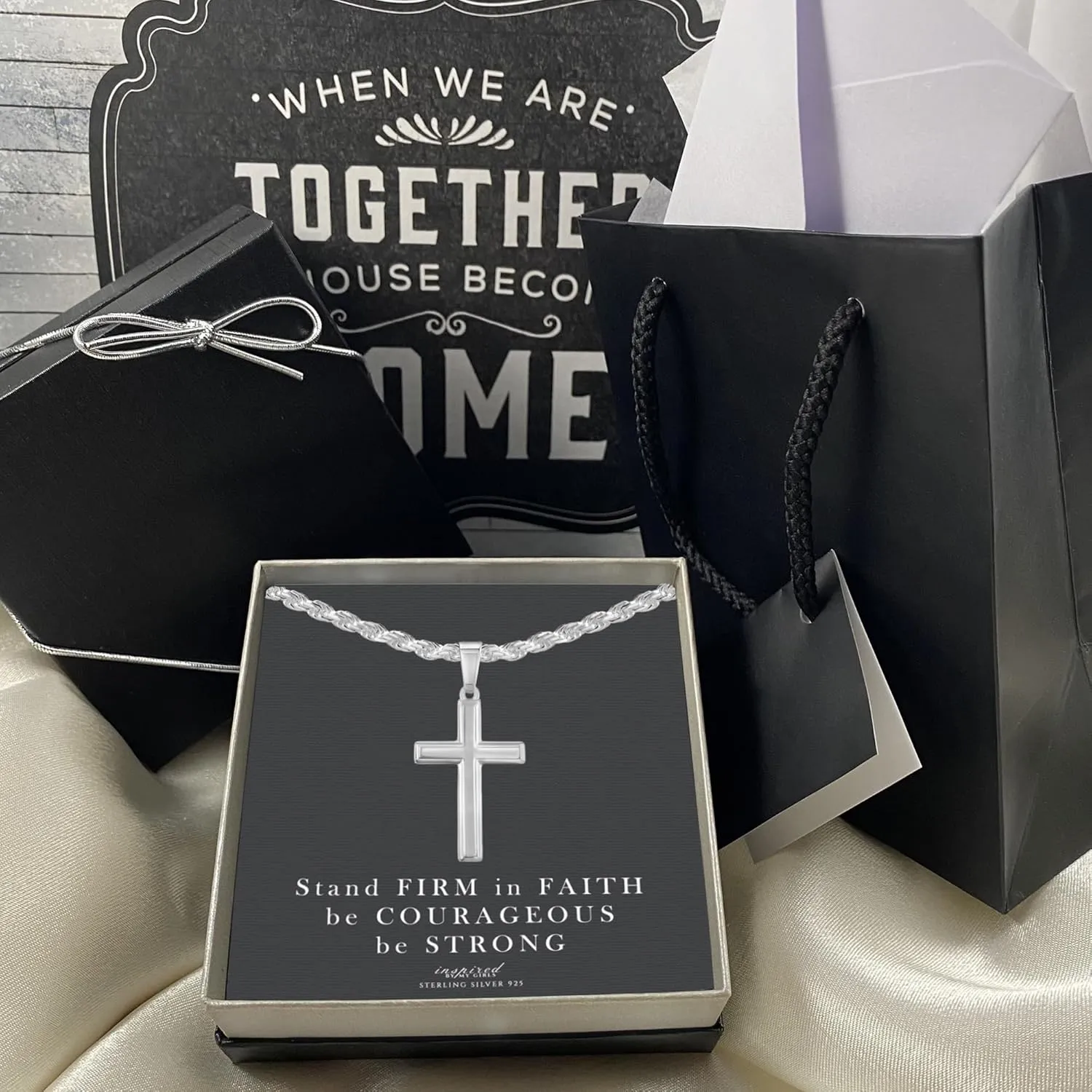Mens Sterling Silver Cross Necklace with Rope Chain and Meaningful Keepsake Card - Ready To Give Gift In Box