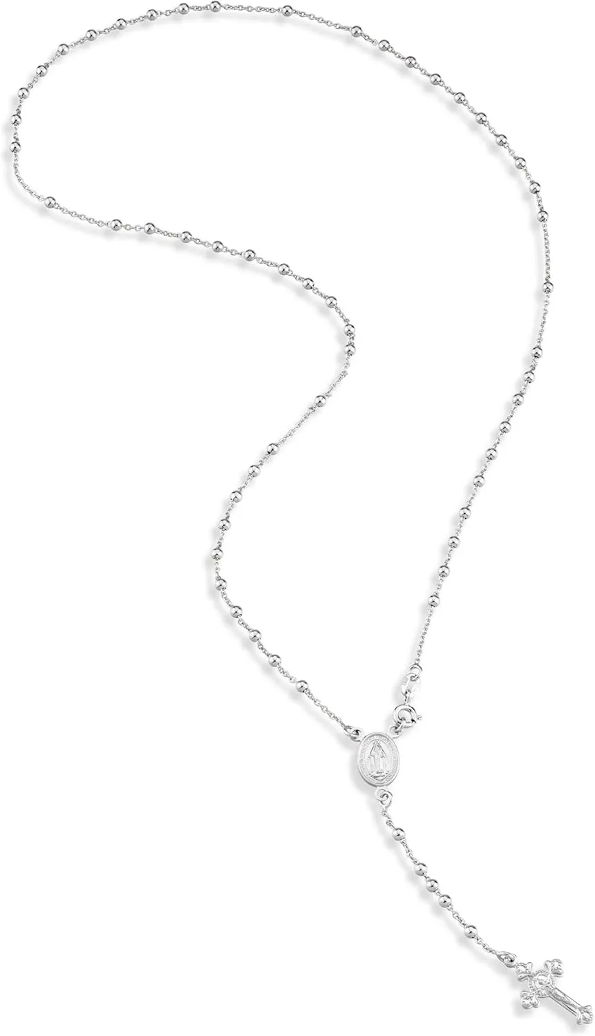 Miabella Italian 925 Sterling Silver or 18K Gold Plated Rosary Bead Cross Y Necklace Chain for Women