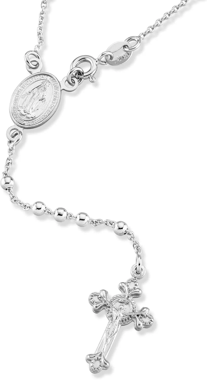 Miabella Italian 925 Sterling Silver or 18K Gold Plated Rosary Bead Cross Y Necklace Chain for Women