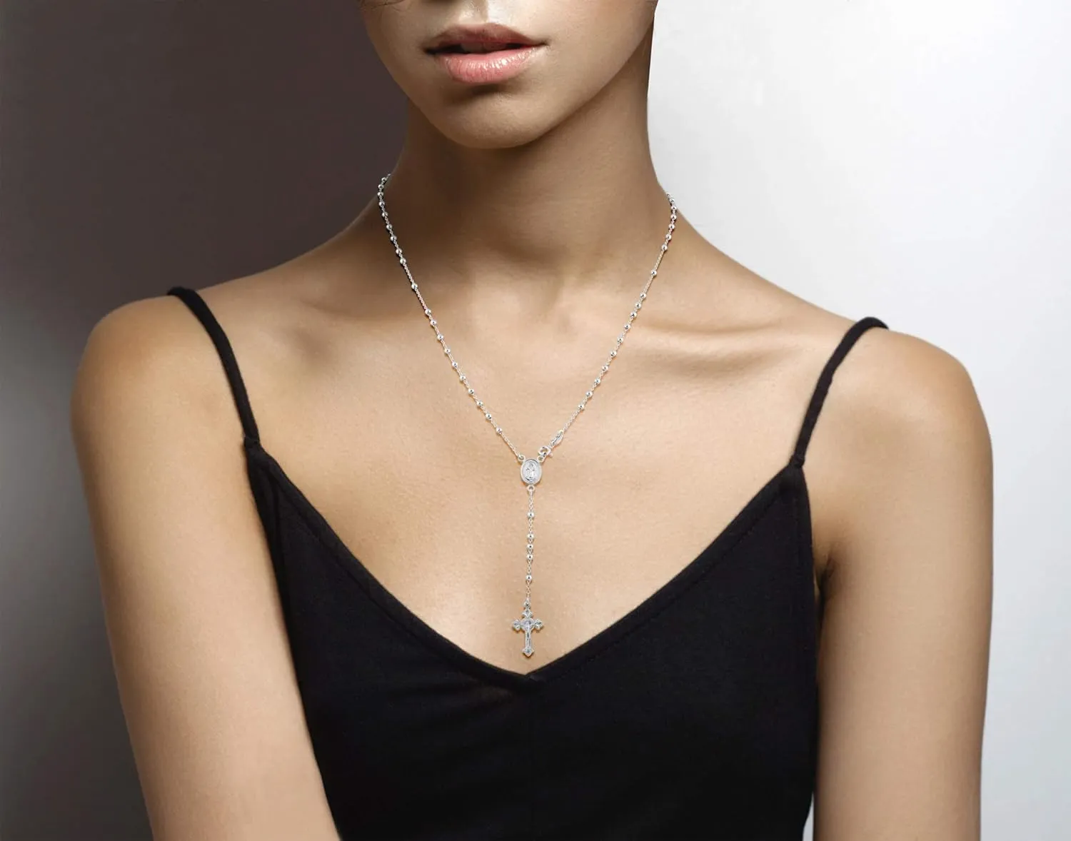 Miabella Italian 925 Sterling Silver or 18K Gold Plated Rosary Bead Cross Y Necklace Chain for Women