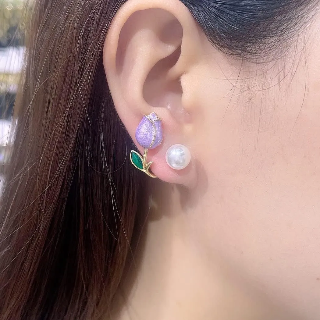 MIFYNN Flower Pearl Stud Earrings Pearl Pink Flower Stud Earrings Hypoallergenic Lightweight Earrings Fashion Pearl Ear Hook Ear Cuff Jacket Front Back Earring for Woman