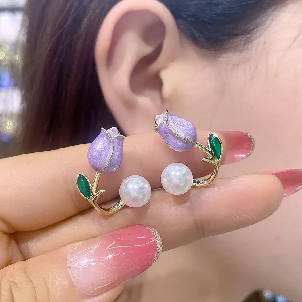 MIFYNN Flower Pearl Stud Earrings Pearl Pink Flower Stud Earrings Hypoallergenic Lightweight Earrings Fashion Pearl Ear Hook Ear Cuff Jacket Front Back Earring for Woman