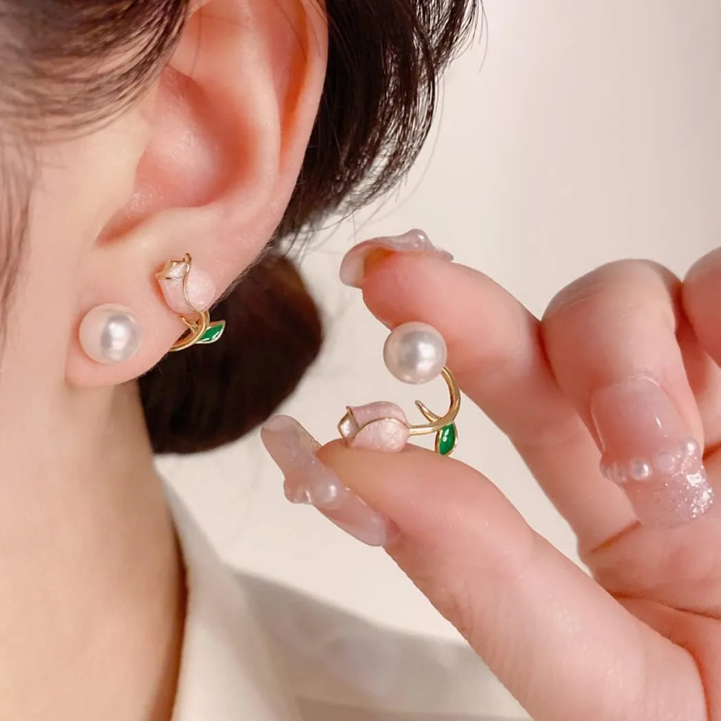 MIFYNN Flower Pearl Stud Earrings Pearl Pink Flower Stud Earrings Hypoallergenic Lightweight Earrings Fashion Pearl Ear Hook Ear Cuff Jacket Front Back Earring for Woman