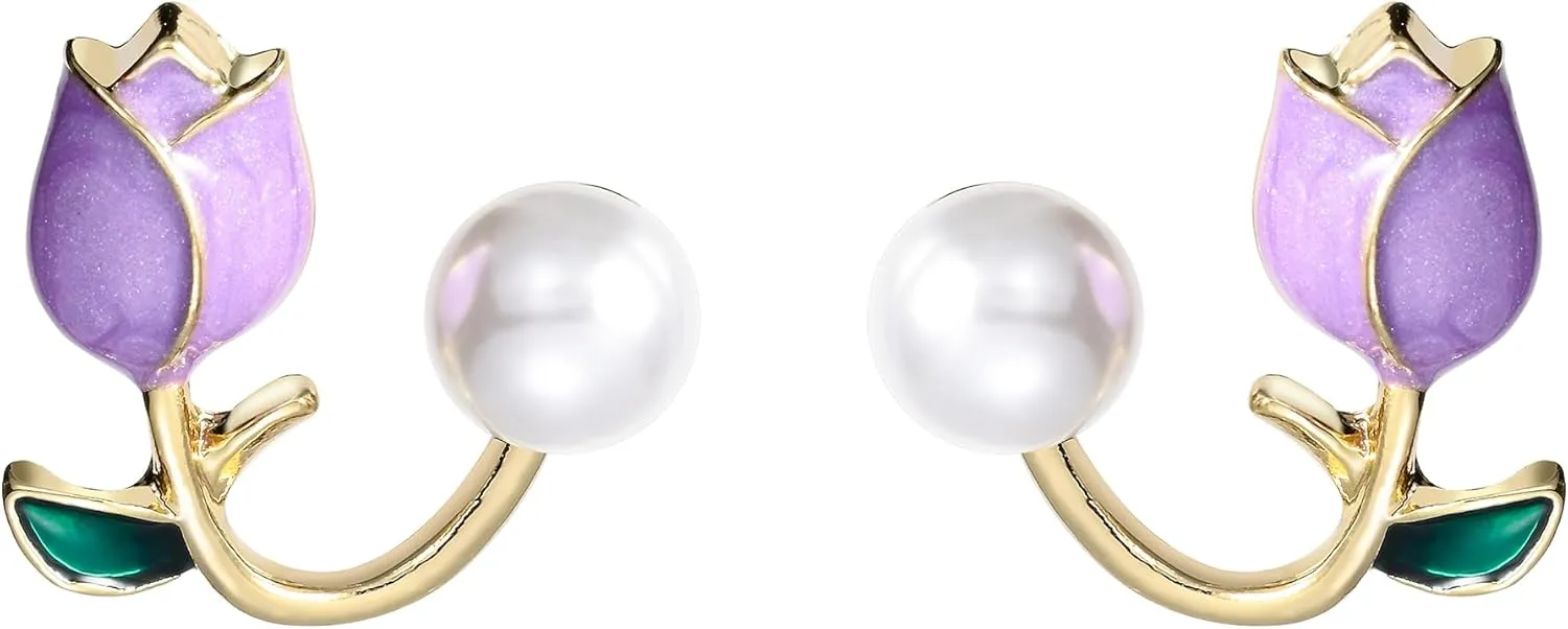 MIFYNN Flower Pearl Stud Earrings Pearl Pink Flower Stud Earrings Hypoallergenic Lightweight Earrings Fashion Pearl Ear Hook Ear Cuff Jacket Front Back Earring for Woman