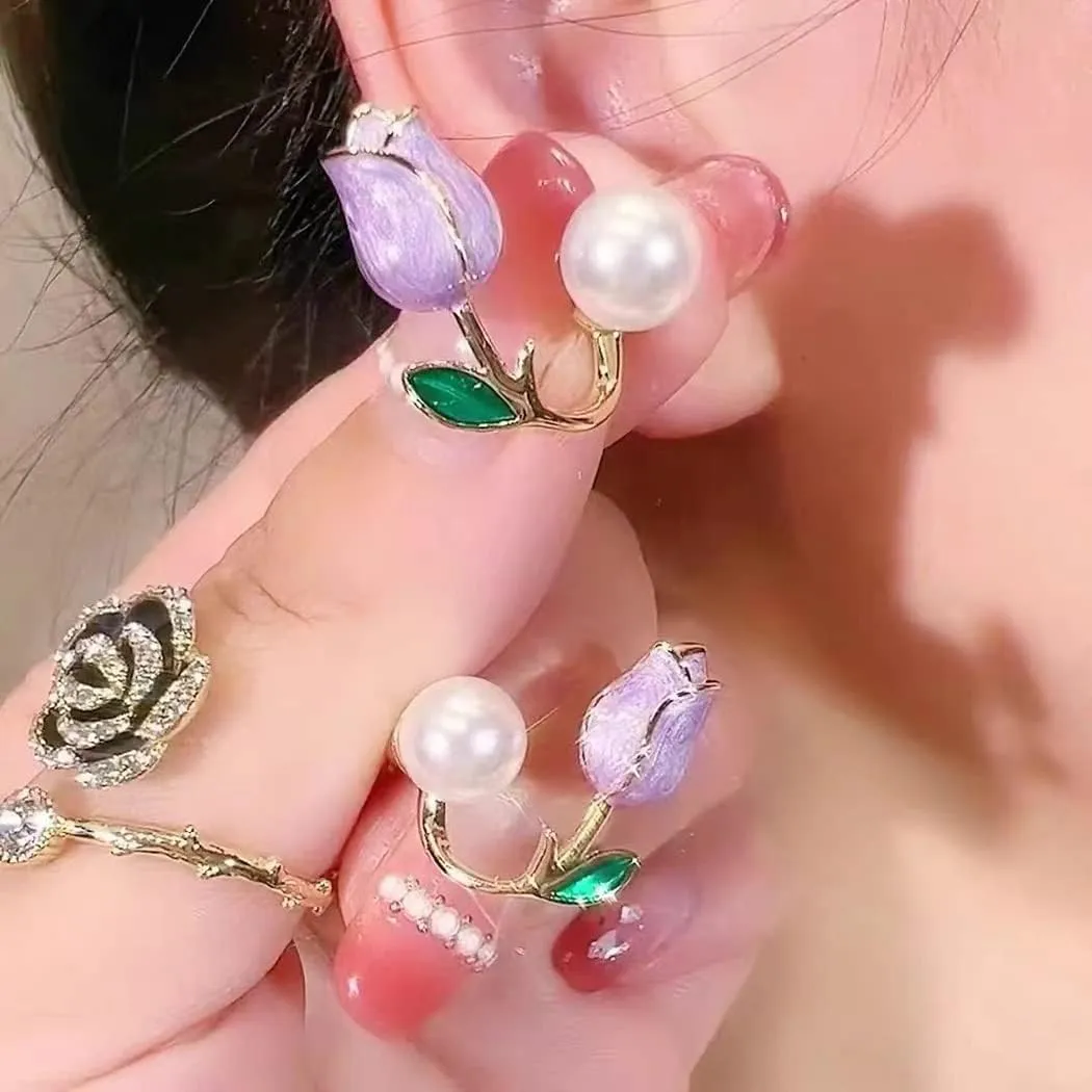 MIFYNN Flower Pearl Stud Earrings Pearl Pink Flower Stud Earrings Hypoallergenic Lightweight Earrings Fashion Pearl Ear Hook Ear Cuff Jacket Front Back Earring for Woman