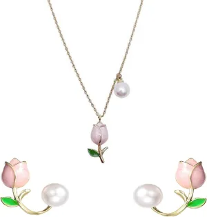 MIFYNN Flower Pearl Stud Earrings Pearl Pink Flower Stud Earrings Hypoallergenic Lightweight Earrings Fashion Pearl Ear Hook Ear Cuff Jacket Front Back Earring for Woman