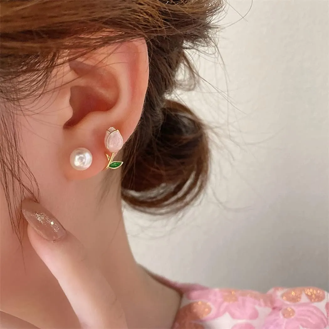 MIFYNN Flower Pearl Stud Earrings Pearl Pink Flower Stud Earrings Hypoallergenic Lightweight Earrings Fashion Pearl Ear Hook Ear Cuff Jacket Front Back Earring for Woman