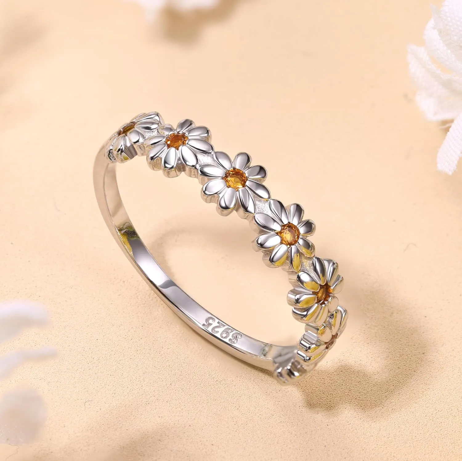 MILACOLATO 925 Sterling Silver Ring 18K Gold Plated Daisy Flower Ring Paved with Coloful Cubic Zirconia High Polished Comfort Fit Sunflower Stacking Statement Wedding Band Ring for Women